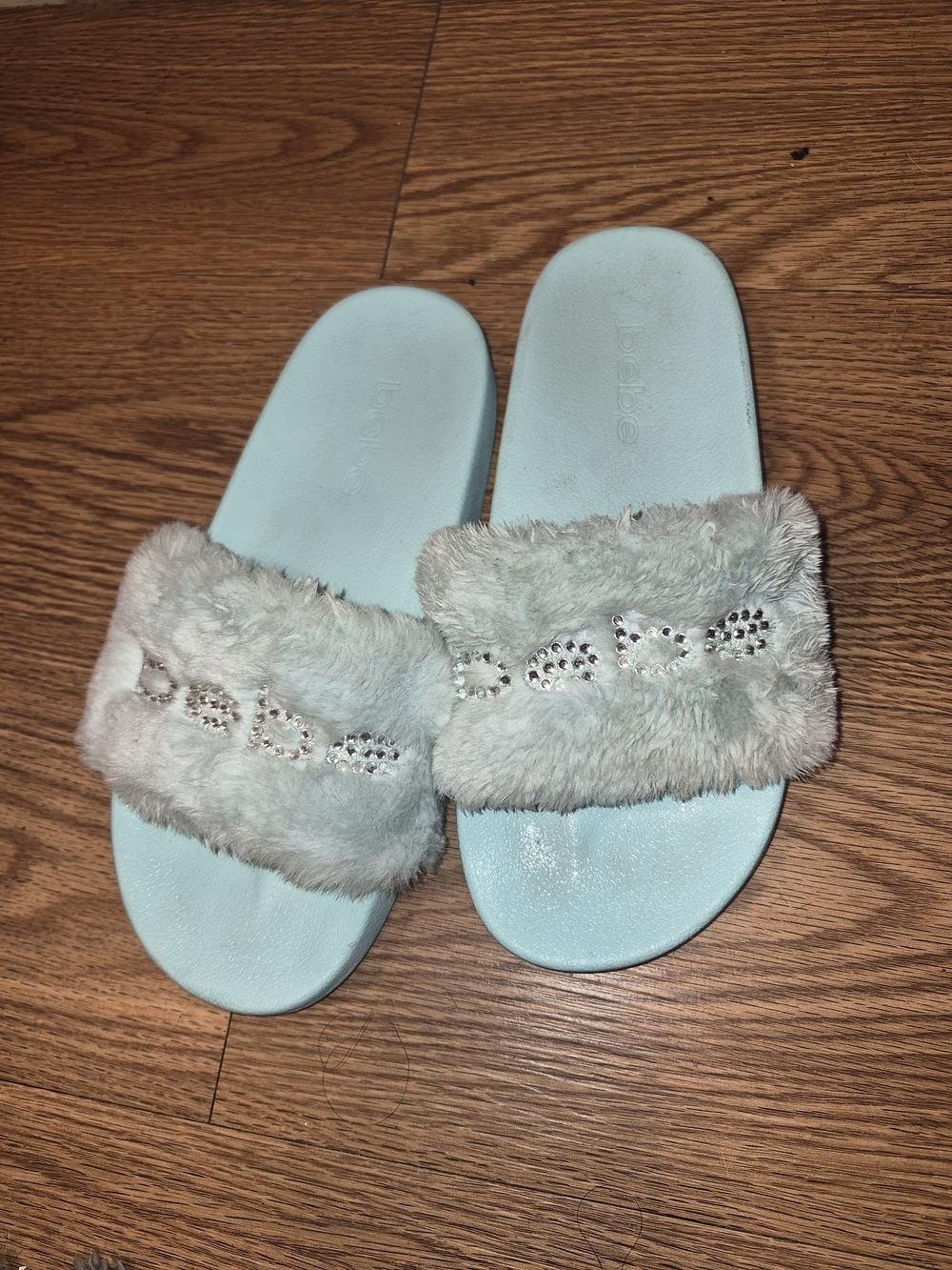 bebe Light Blue Faux Fur Slide Sandals with Rhinestone Accent